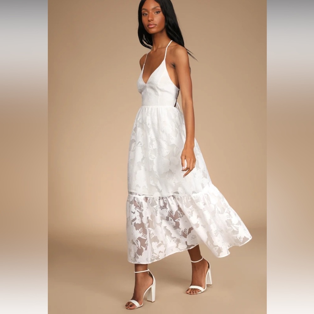 Lulus Open Back Feeling Like Forever White Jacquard Organza Lace-Up Midi Dress S